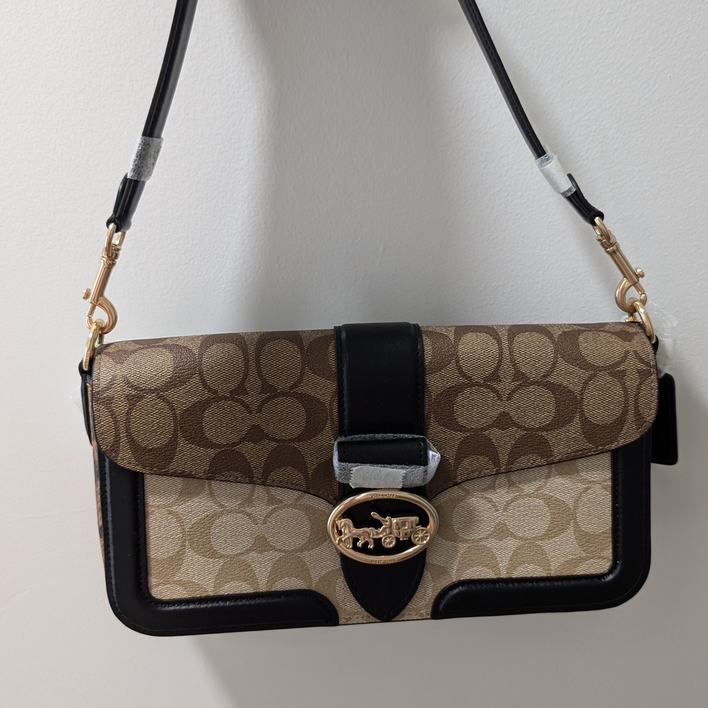Coach Georgie Shoulder/ Crossbody Bag Signature CanvasGold/Khaki/Black NEW